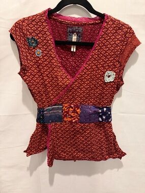 Free people Boho Red-Orange Wrap Blouse with Patchwork Waist.size M.hippie